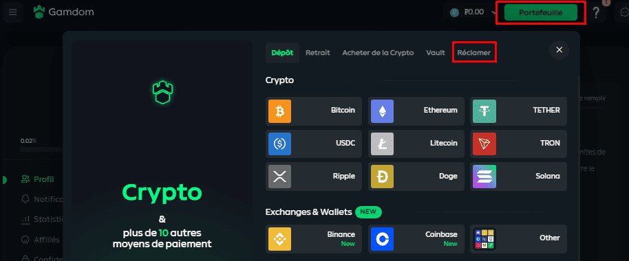 Accéder à l’onglet “Rewards” ou “Wallet”