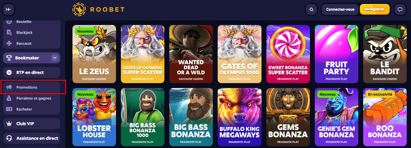 Roobet propose aussi une zone “Promotions”