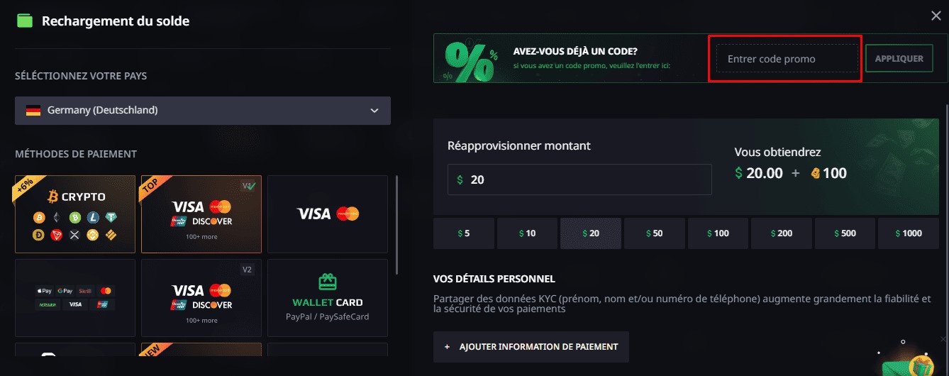 Activation d’un code promo & dépôt test minimal